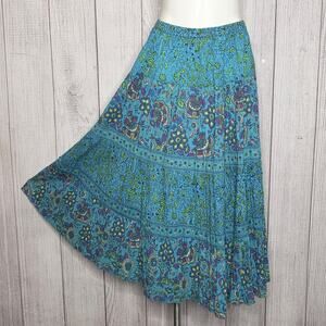 Phool Blue Floral Broomstick Circle Skirt – Tiered Boho Maxi, Size M